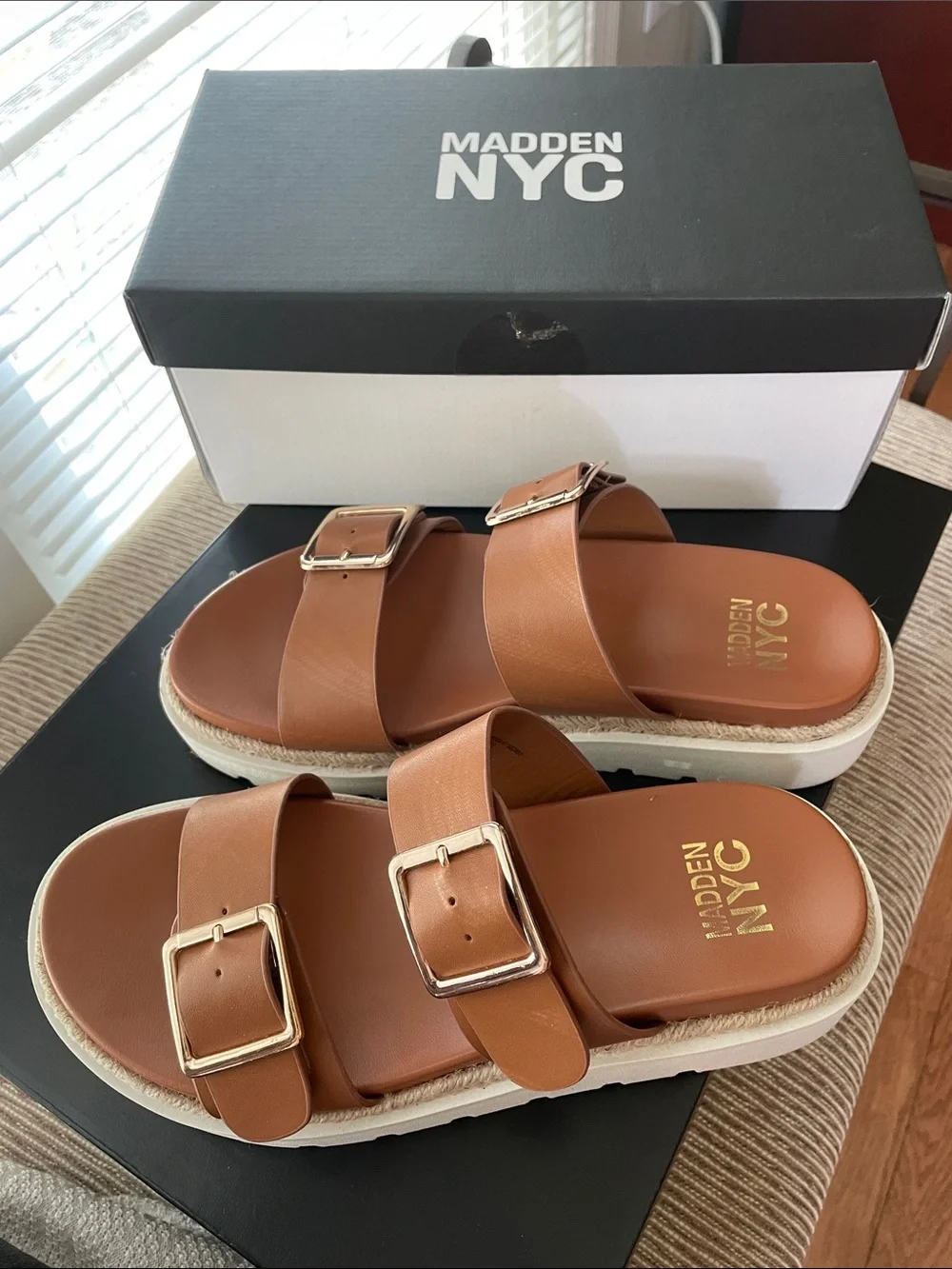 Madden NYC Women's Tan Double-Buckle Slide Sandals